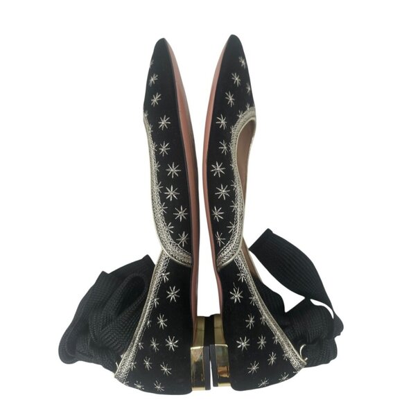 Aquazzura Bliss Black Suede Gold Embroidered Stars Ankle Wrap Ballet Flats 11 - Picture 7 of 13